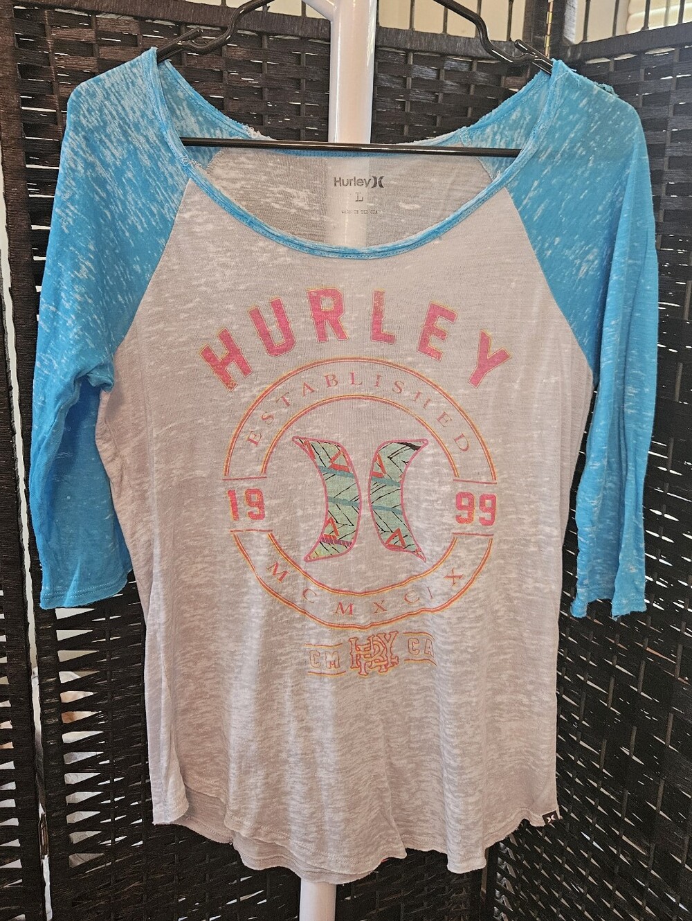 Authentic Y2K Hurley White Raglan Tee with Bright Blue Sleeves and Pink Logo